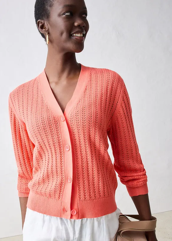 Hålmönstrad cardigan med linneandel, bonprix