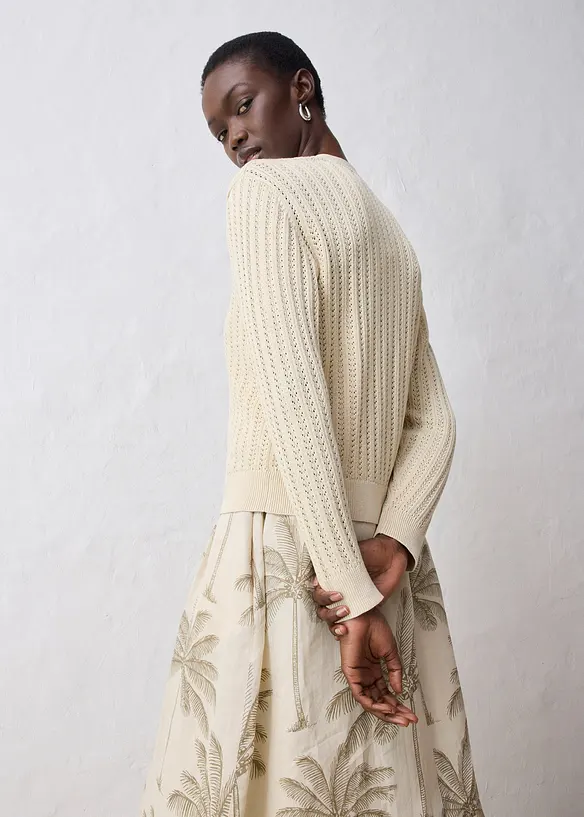 Hålmönstrad cardigan med linneandel, bonprix