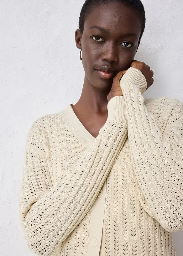 Hålmönstrad cardigan med linneandel, bonprix