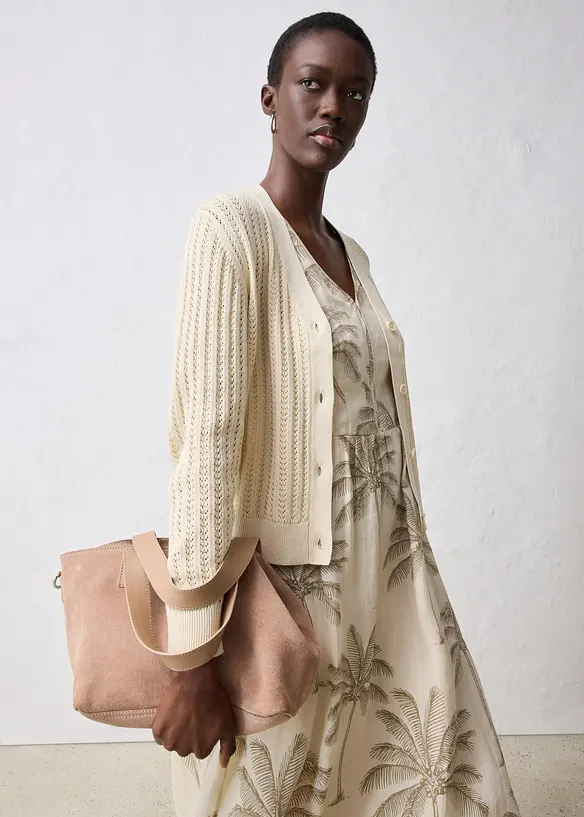Hålmönstrad cardigan med linneandel, bonprix