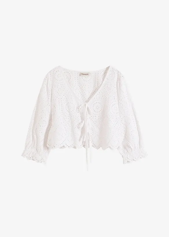 Blus med hålbroderi och puffärmar, bonprix