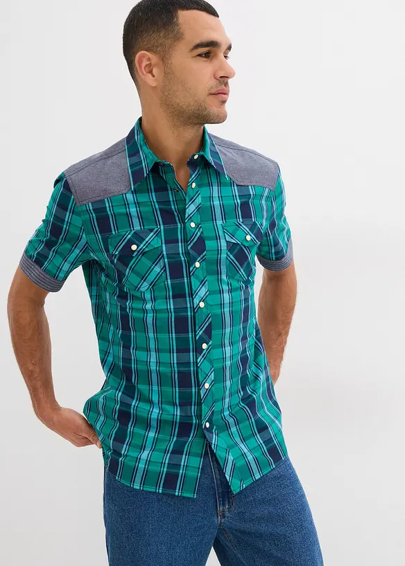 Kortärmad skjorta med denimbesättning, bonprix
