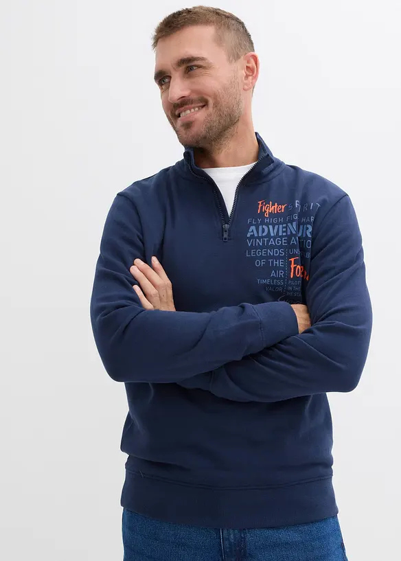 Sweatshirt med krage och dragkedja i ren bomull, bonprix