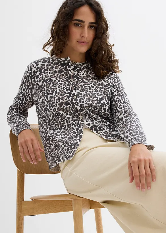 Finstickad cardigan med leopardmönster, bonprix
