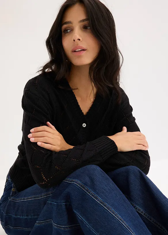Stickad hålmönstrad cardigan, bonprix