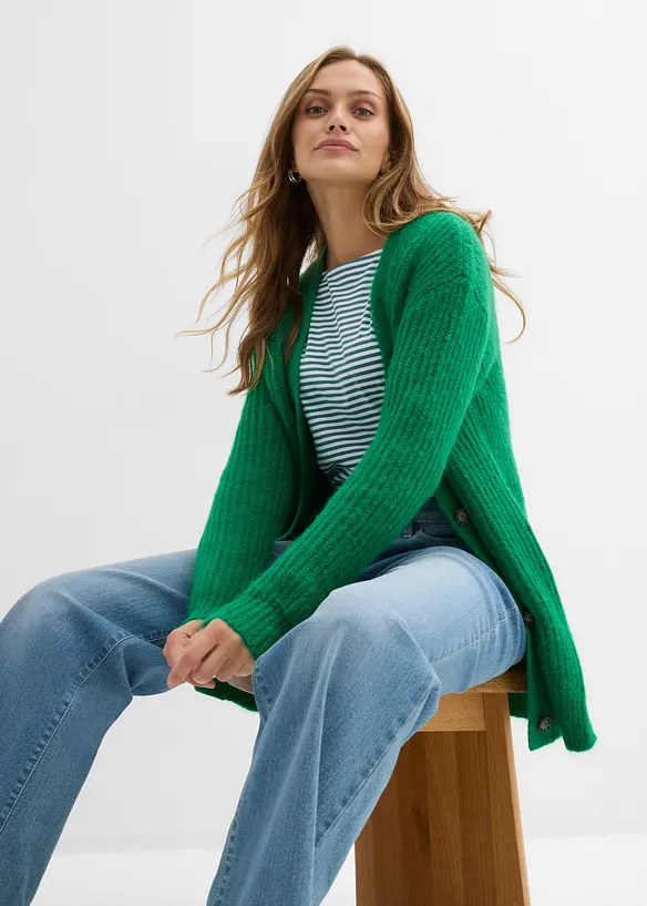 Stickad cardigan med ylleandel, bonprix