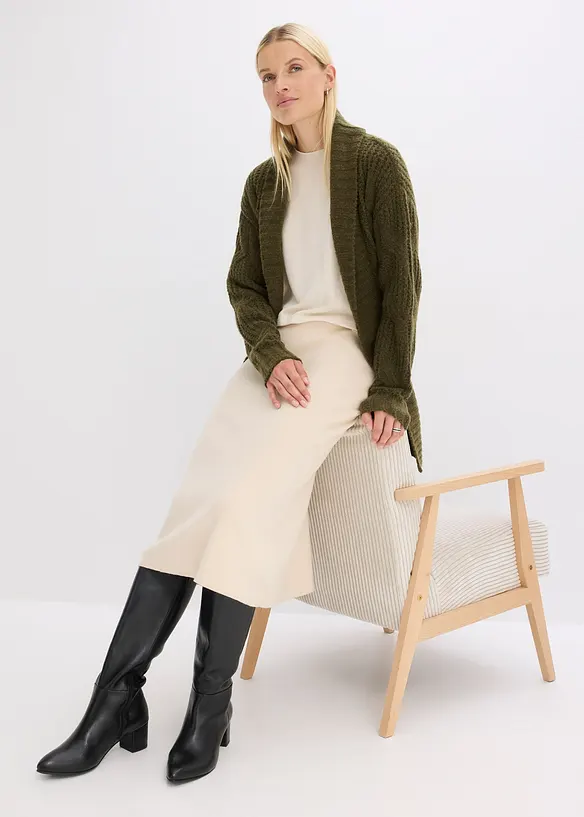 Grovstickad cardigan med flätmönster, bonprix