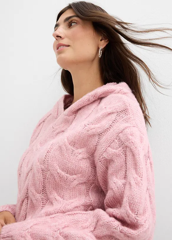 Stickad tröja med flätstickning och huva, bonprix