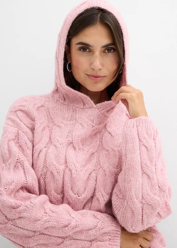 Stickad tröja med flätstickning och huva, bonprix