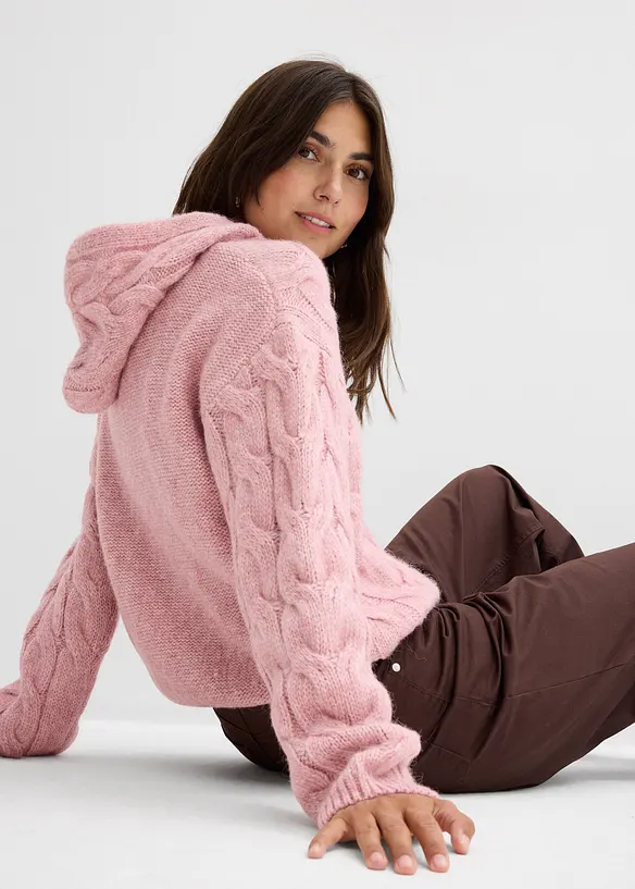 Stickad tröja med flätstickning och huva, bonprix