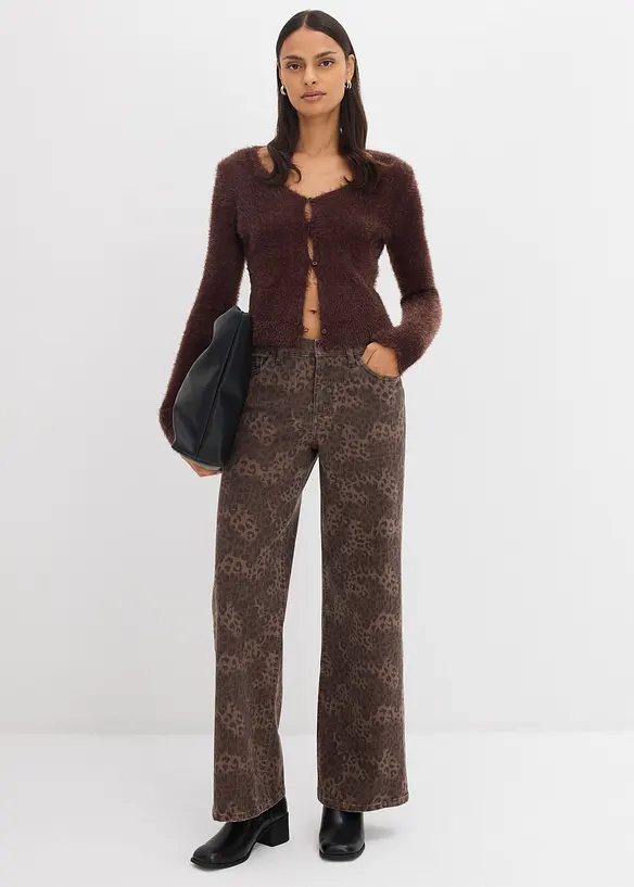 Leopardmönstrad twillbyxa med vida ben, bonprix