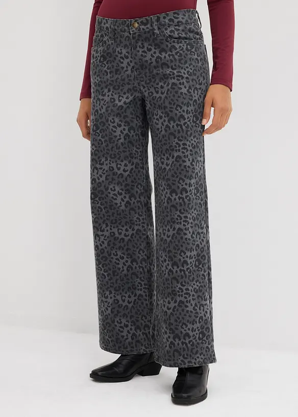 Leopardmönstrad twillbyxa med vida ben, bonprix
