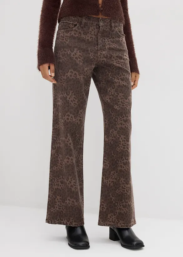 Leopardmönstrad twillbyxa med vida ben, bonprix