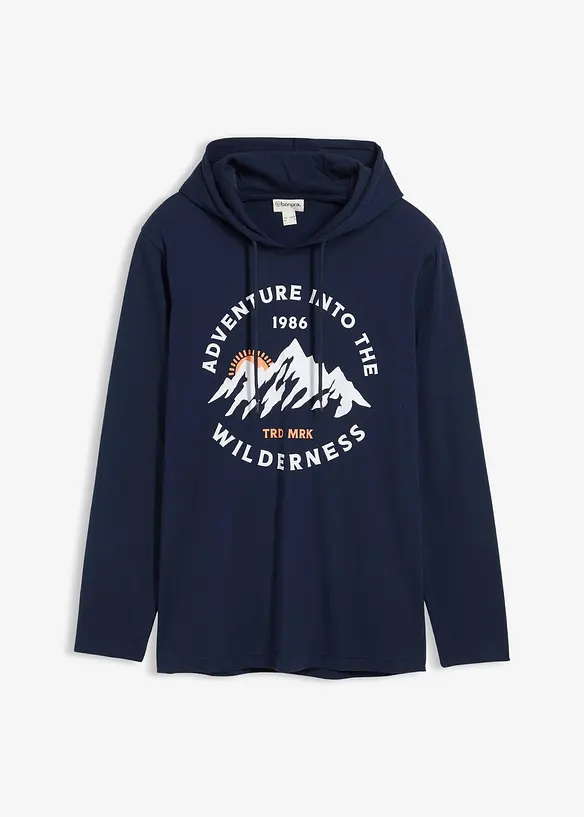 Långärmad T-shirt med huva i ekologisk bomull, bonprix