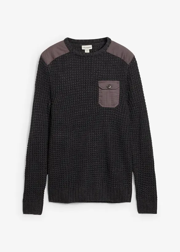Grovstickad tröja med ficka och lock, bonprix