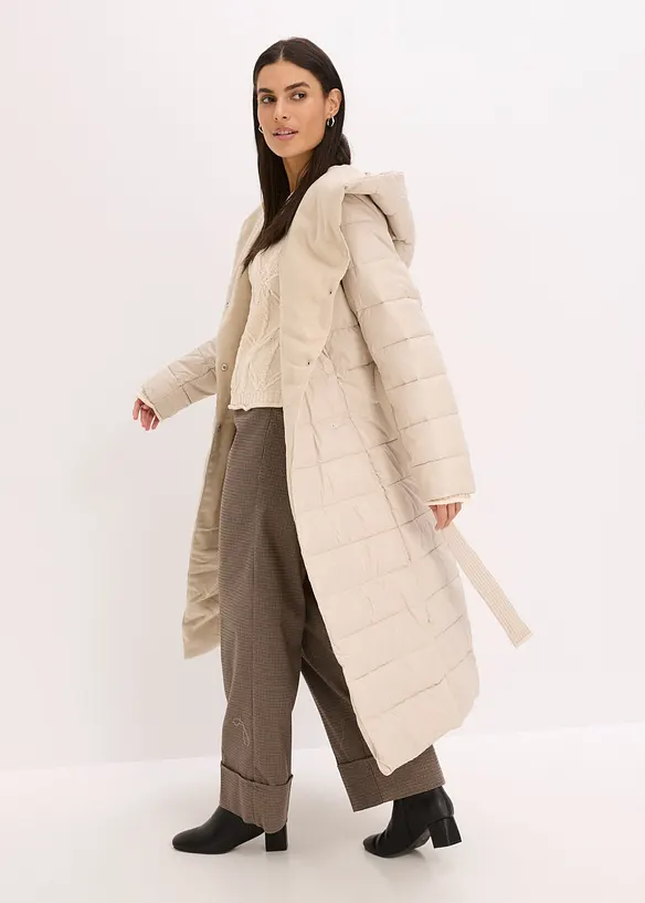 Täckkappa med besättning av ylleimitation och knytskärp (2 delar), bonprix