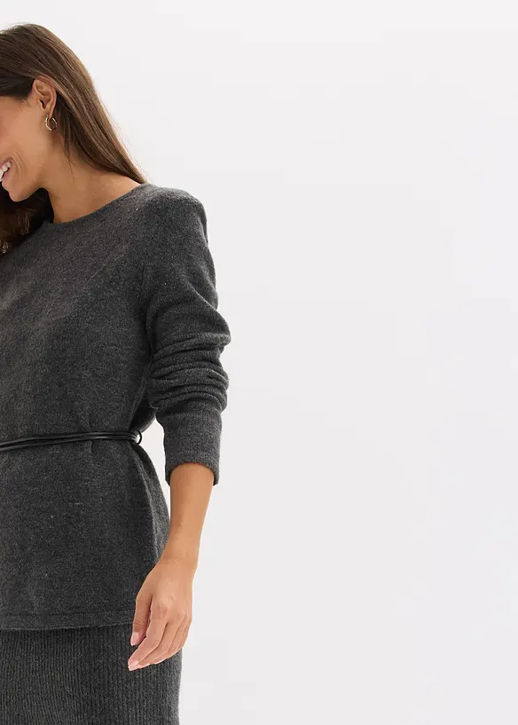 Stickad topp med knytband i skinnimitation, bonprix