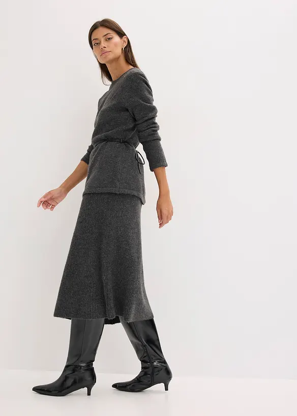 Stickad topp med knytband i skinnimitation, bonprix