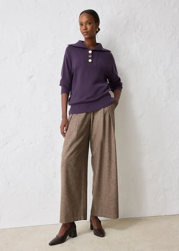 Tröja med krage och knappar i merinoull, bonprix