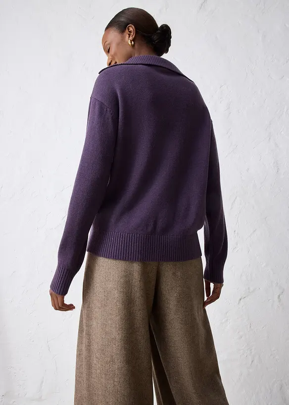 Tröja med krage och knappar i merinoull, bonprix