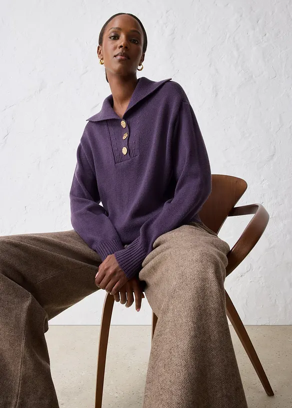 Tröja med krage och knappar i merinoull, bonprix