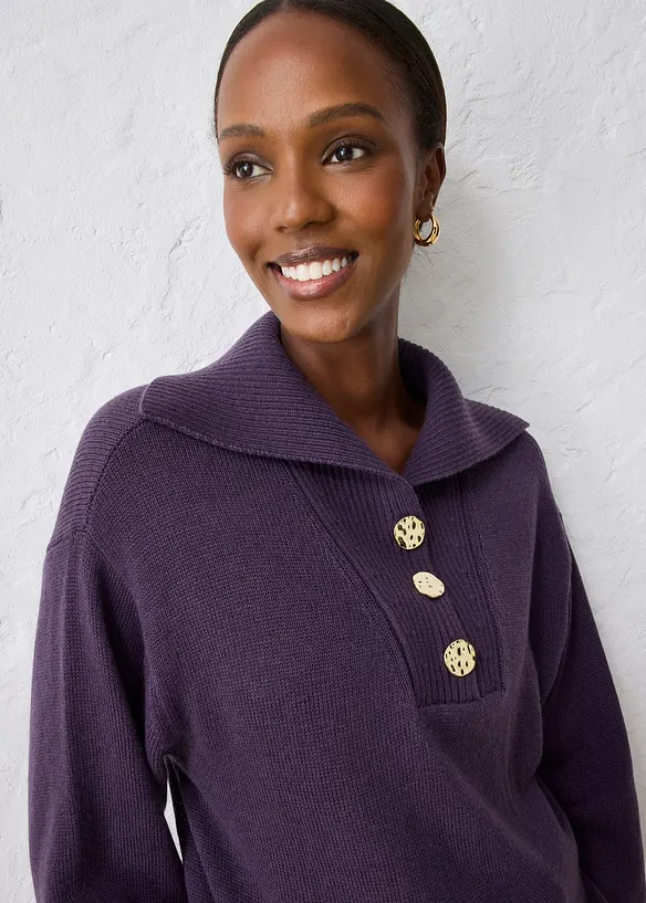 Tröja med krage och knappar i merinoull, bonprix