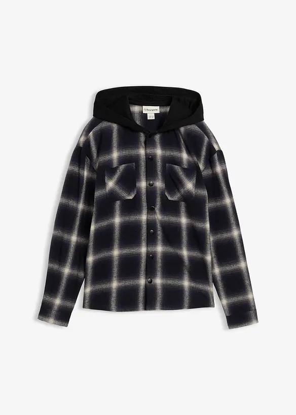 Långärmad flanellskjorta med huva, bonprix