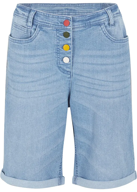 Bekväma stretchiga jeansbermudas med broderi och bekväm midja, bonprix