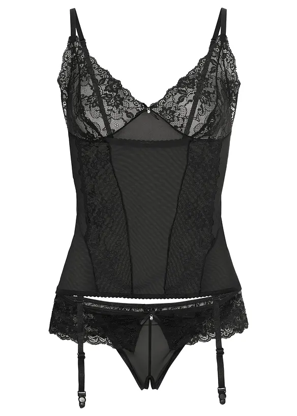 Korsettlinne med strumpebandshållare + stringtrosa ouvert (2 delar), bonprix