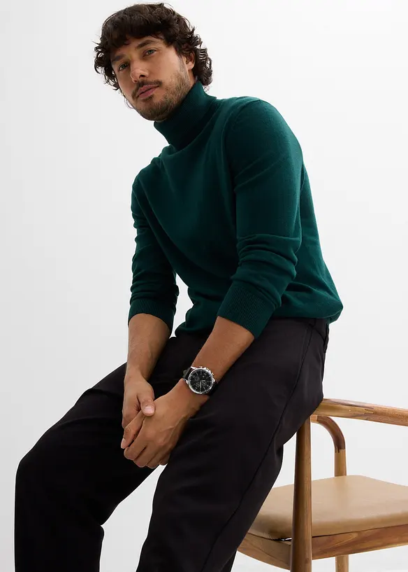 Finstickad polotröja med lyxig merinoull, Slim Fit, bonprix