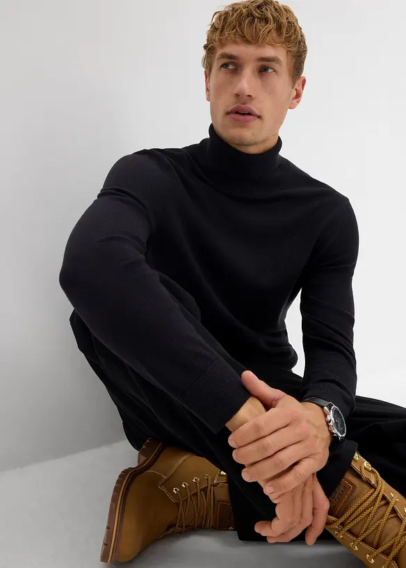 Finstickad polotröja med lyxig merinoull, Slim Fit, bonprix