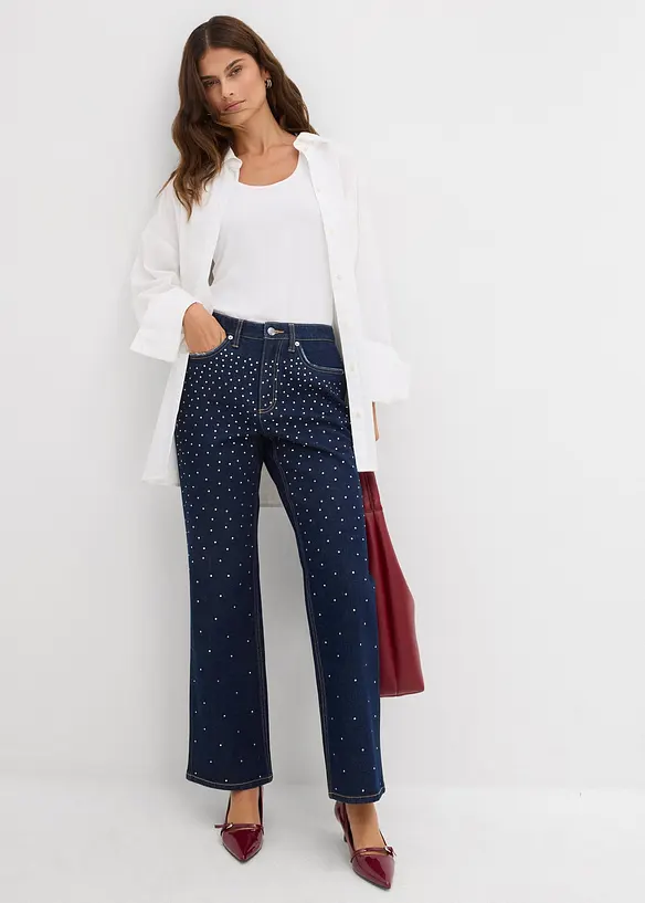 Straight jeans, Mid Waist, bekväm midja med strass, bonprix
