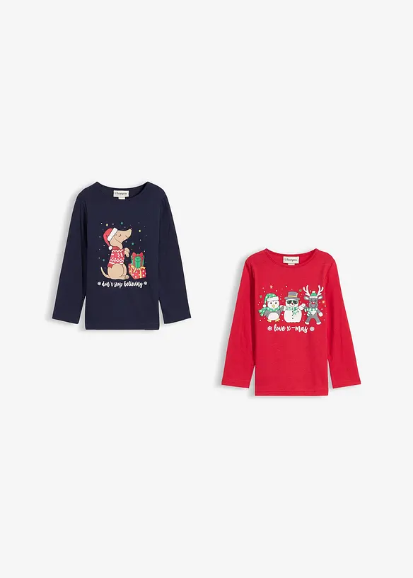 Långärmad topp med julmotiv för barn i ekologisk bomull (2-pack), bonprix