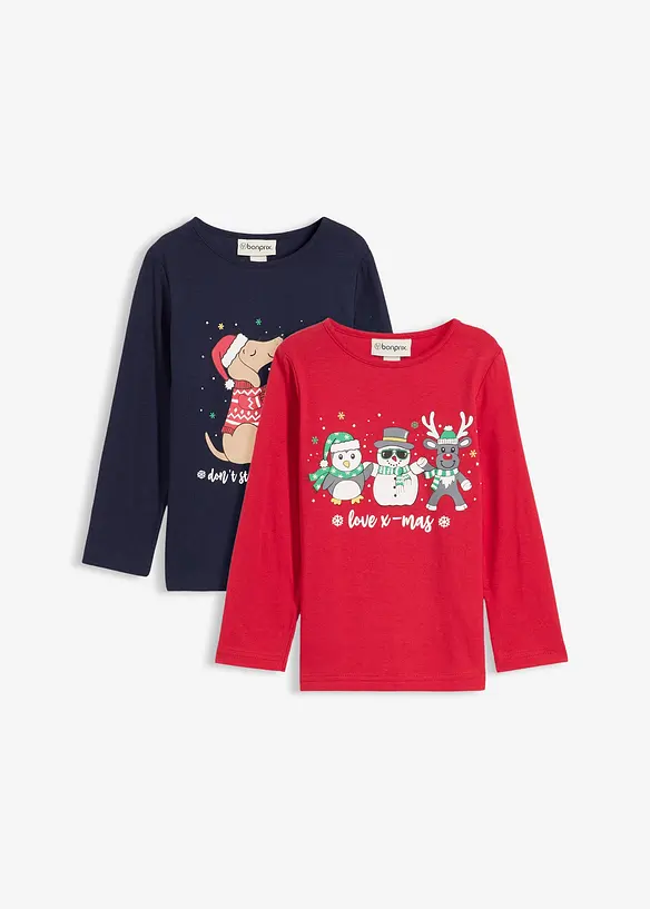 Långärmad topp med julmotiv för barn i ekologisk bomull (2-pack), bonprix