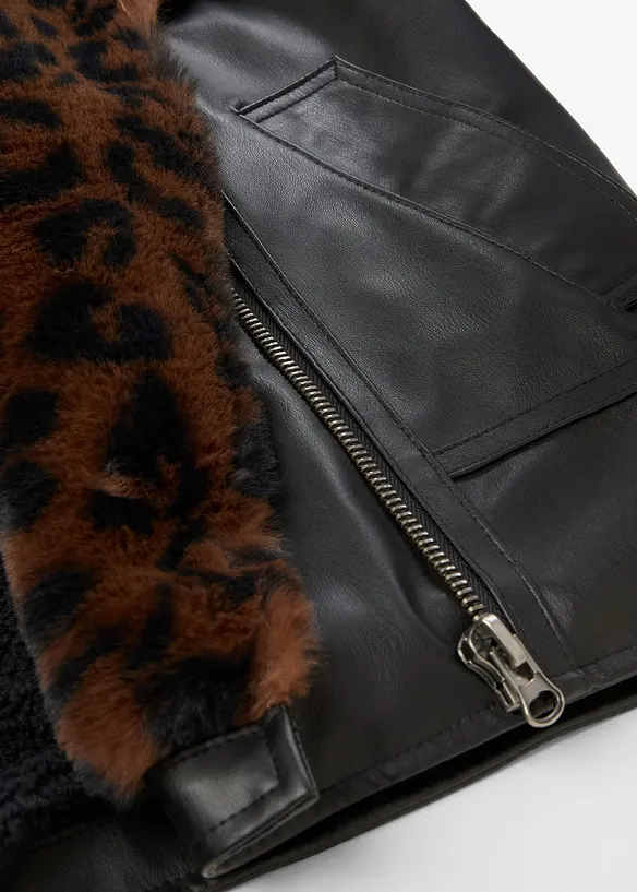 Jacka i skinnimititation med leopardmönstrad fuskpäls, bonprix
