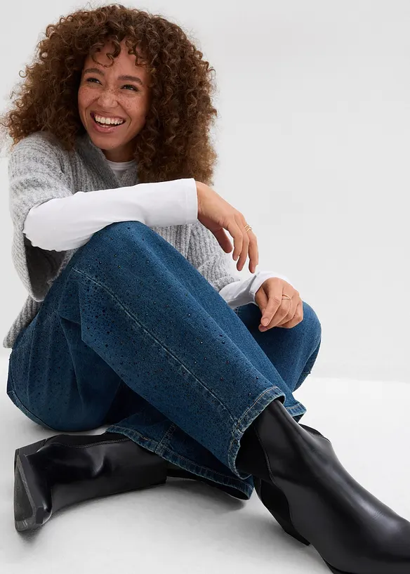 Wide Leg Jeans Mid Waist, med glitterstenar, bonprix