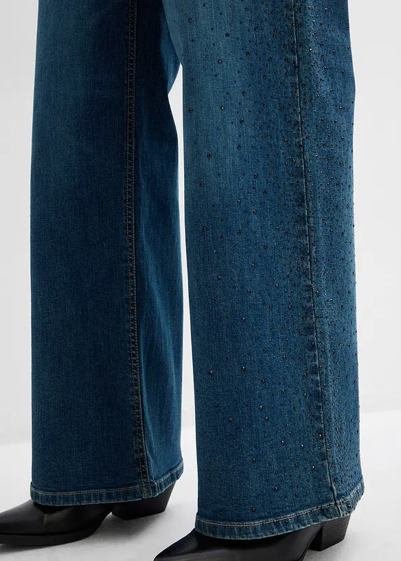 Wide Leg Jeans Mid Waist, med glitterstenar, bonprix