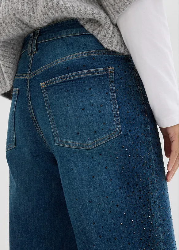 Wide Leg Jeans Mid Waist, med glitterstenar, bonprix