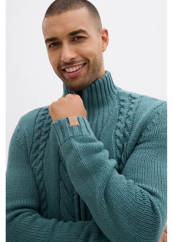 Grovstickad cardigan med flätmönster, bonprix