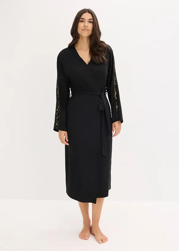Morgonrock i kimonomodell med skir, glittrig spets, bonprix