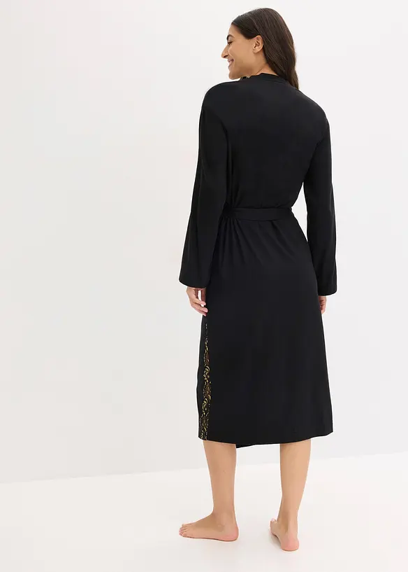 Morgonrock i kimonomodell med skir, glittrig spets, bonprix