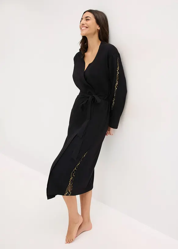 Morgonrock i kimonomodell med skir, glittrig spets, bonprix