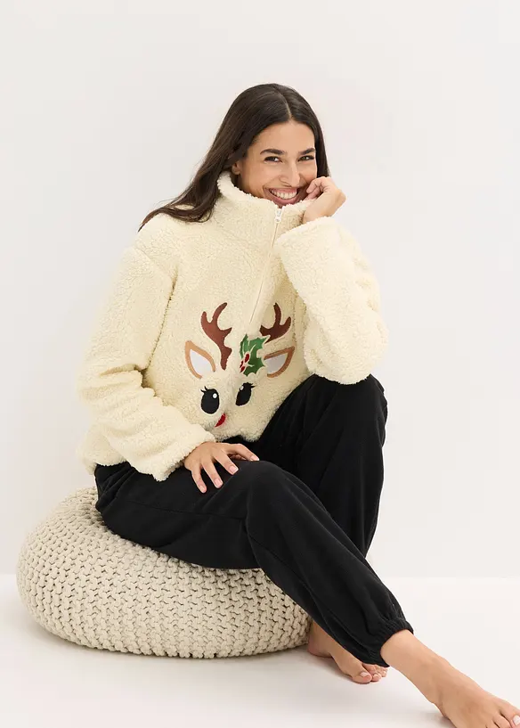 Fleecebyxa och tröja i teddymaterial, bonprix