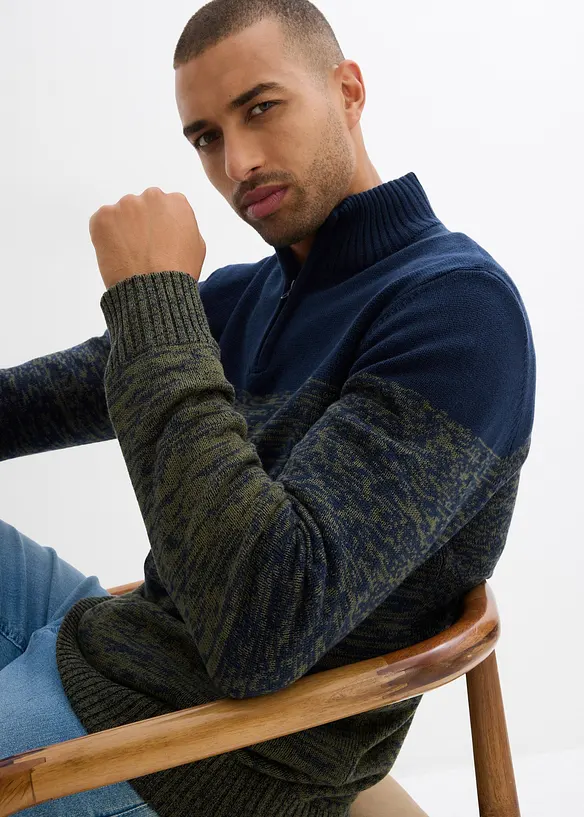 Grovstickad tröja med krage och dragkedja, bonprix