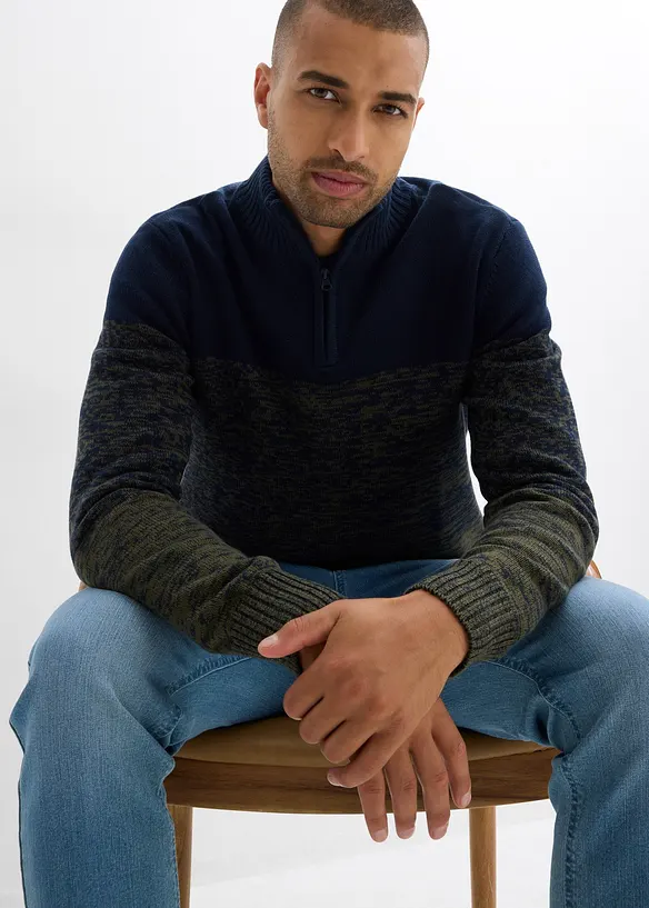 Grovstickad tröja med krage och dragkedja, bonprix