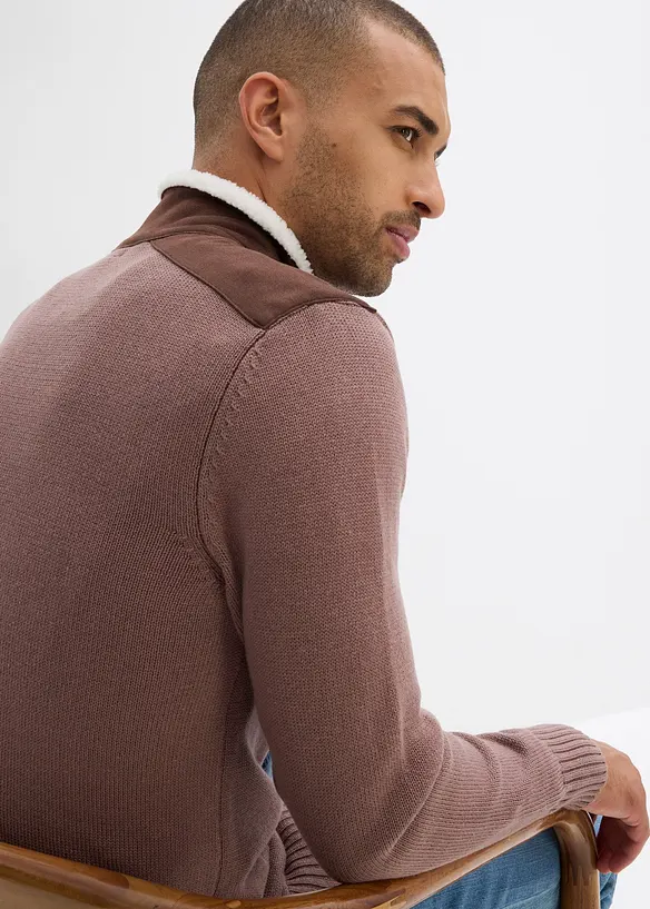 Grovstickad tröja med krage och vävd infällning, bonprix