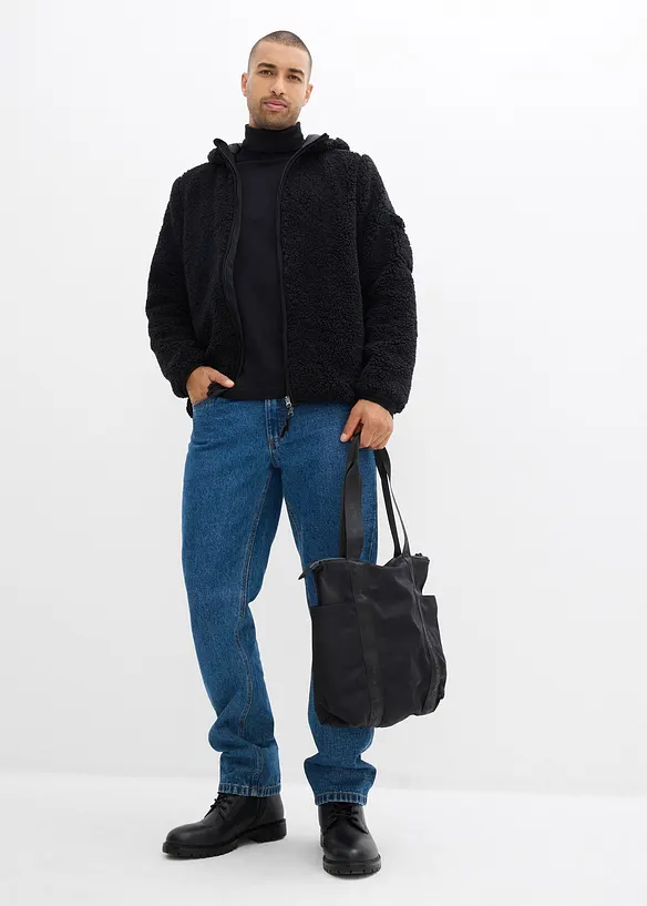 Teddyfleecejacka med infällning av vävt material och huva, bonprix