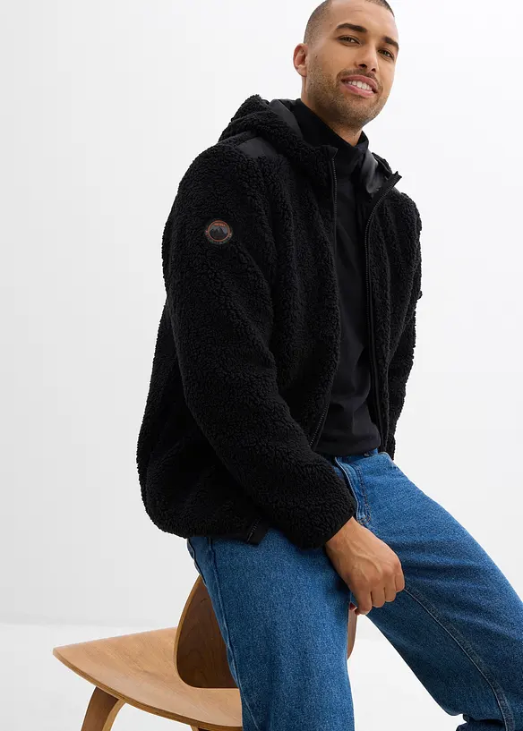 Teddyfleecejacka med infällning av vävt material och huva, bonprix