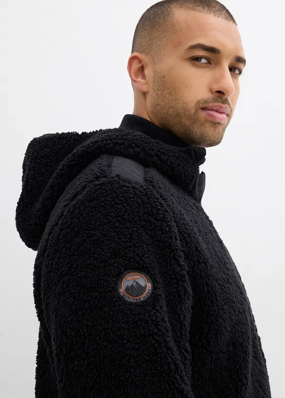 Teddyfleecejacka med infällning av vävt material och huva, bonprix