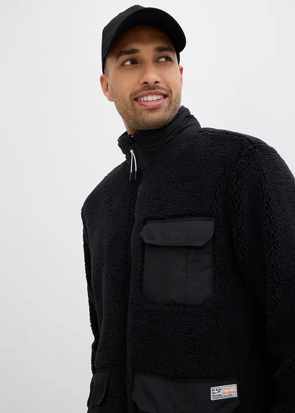 Teddyfleecejacka med besättning av vävt material och ståkrage, bonprix